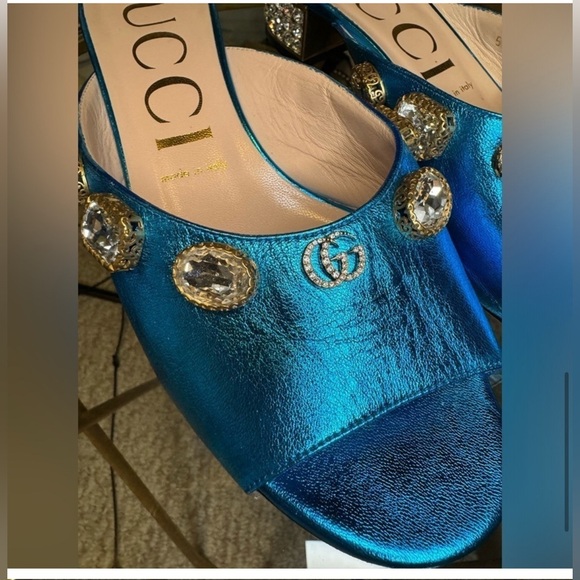 Gucci Metallic Blue Embellished Mules - Picture 6 of 11